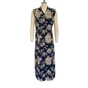 Vintage Navy Blue Floral Cottage Core April Cornell Button Up Maxi Dress